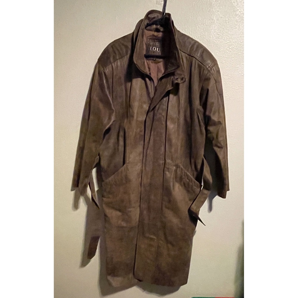 Vtg IOU Euro-Mode Quality Leather Trench Coat Mens M Style Brown Belted Designer